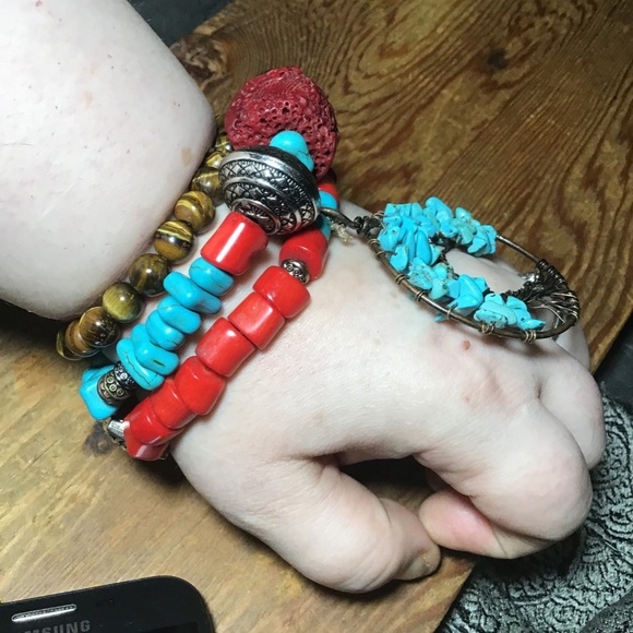 Handmade turquoise , coral hand wrapped bohemian three layer statement bracelet - Picture 6 of 9